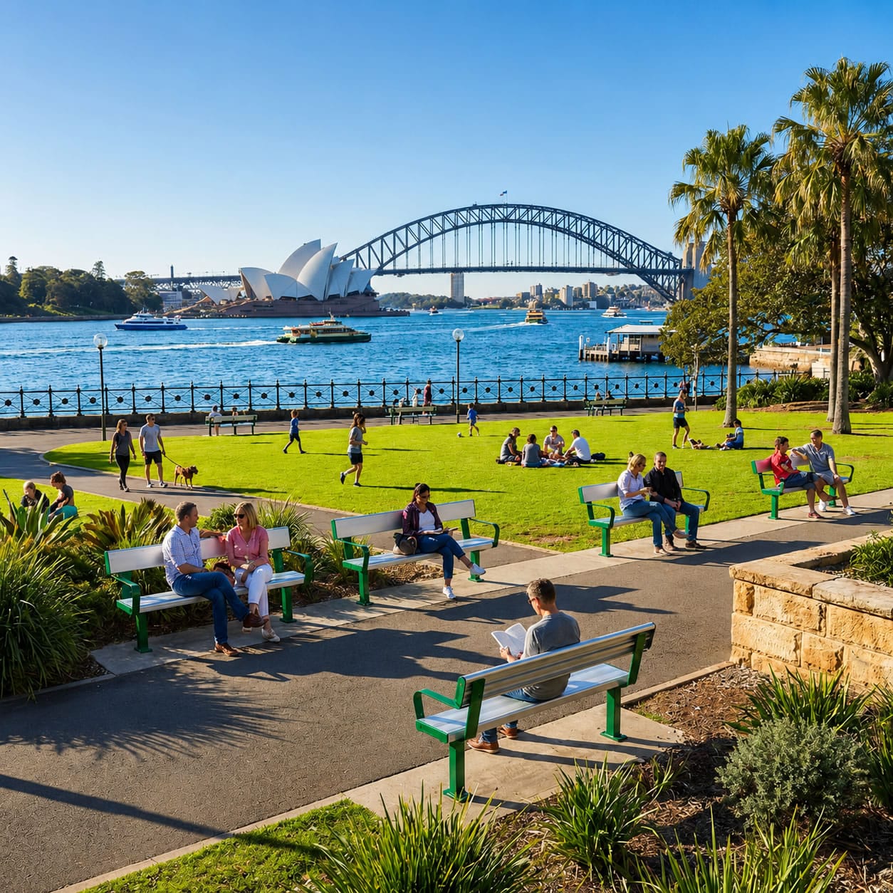 S9000 Bench with Armrest Heritage Green Sydney Harbour Scene